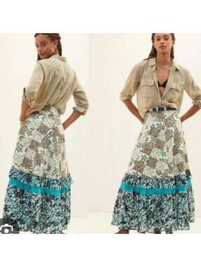 Anthropologie Raga Floral Patchwork Cotton Boho Earth Tones Maxi Skirt M $185